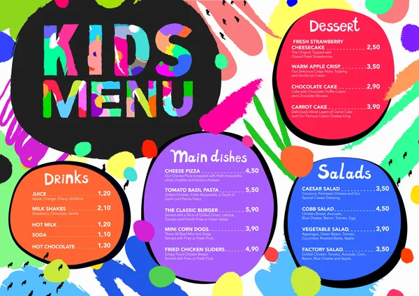 Modèle de menu pour enfants coloré mignon avec coups de pinceau et éclaboussures colorées — Image vectorielle