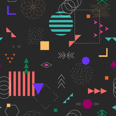 Geometrik yaratıcı renkli dikişsiz desen memphis tarzı. Vektör illüstrasyon. Arka plan, tekstil, doku.