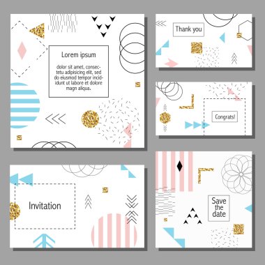Vektör çizim sanatsal renkli evrensel kart dizisini. Düğün, yıldönümü, doğum günü, tatil, parti. Tasarım poster, kart, davet için. Altın glitter doku ile