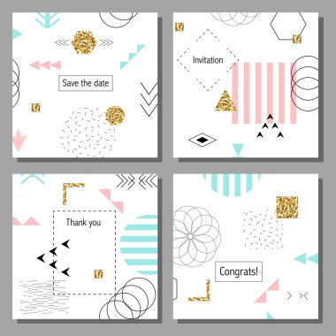 Vektör çizim sanatsal renkli evrensel kart dizisini. Düğün, yıldönümü, doğum günü, tatil, parti. Tasarım poster, kart, davet için. Altın glitter doku ile