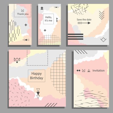 Vektör çizim sanatsal renkli evrensel kart dizisini. Düğün, yıldönümü, doğum günü, tatil, parti. Tasarım poster, kart, davet için. Altın glitter doku ile. Memphis tarzı