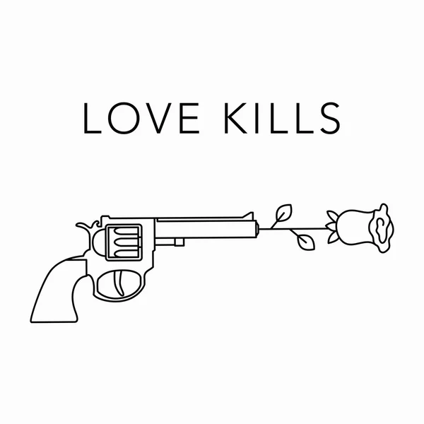 Ilustración vectorial de armas y rosas. El amor mata. Mono línea de estilo de moda — Vector de stock