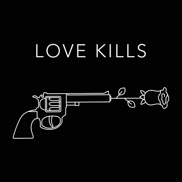 Ilustración vectorial de armas y rosas. El amor mata. Mono línea de estilo de moda — Archivo Imágenes Vectoriales