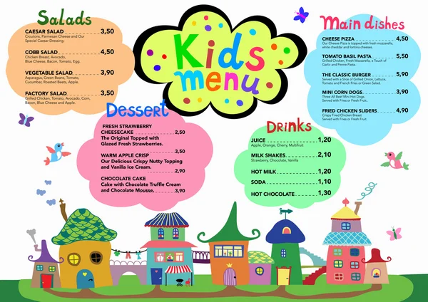 Mignon coloré repas enfants modèle de menu avec de jolies maisons douces — Image vectorielle