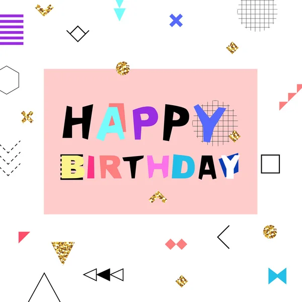 Happy Birthday buntes Banner im geometrischen Memphis-Stil mit Geburtstagstorte und Kerzen. Vektorillustration — Stockvektor
