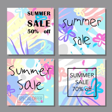 Sanatsal renkli evrensel kartlar seti. Altın doku ile yaz satış kartları