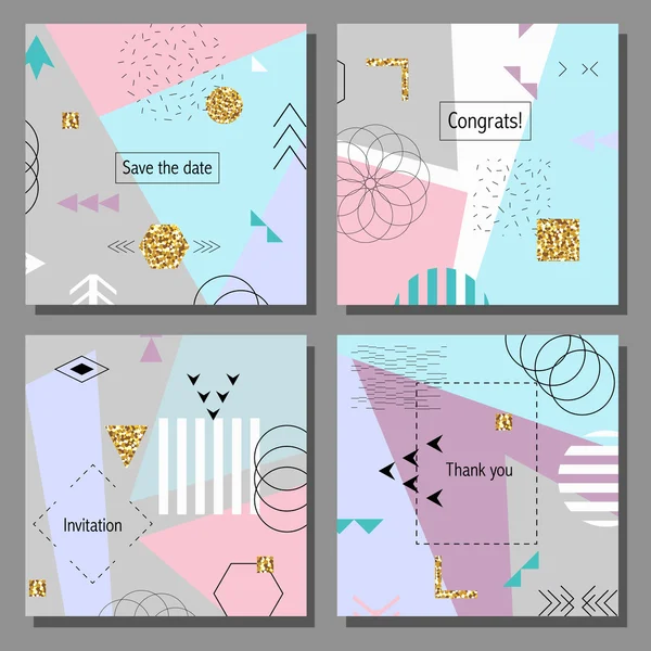 Set di carte artistiche colorate universali. Matrimonio, anniversario, compleanno, vacanza, festa. Design per poster, biglietto da visita, invito. Stile Memphis con elementi glitter dorati — Vettoriale Stock