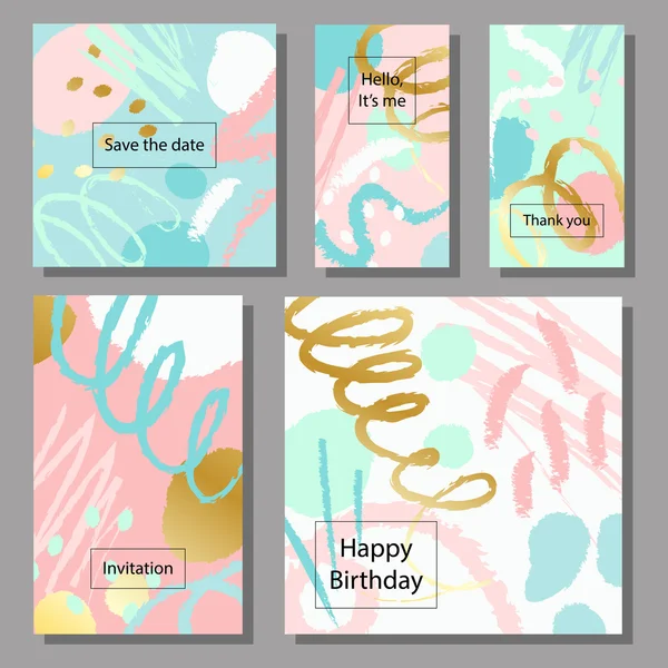 Σετ από καλλιτεχνικές πολύχρωμες καθολικές κάρτες. Γάμος, επέτειος, γενέθλια, διακοπές, πάρτι, καλοκαίρι. Σχέδιο για αφίσα, κάρτα, πρόσκληση. Με χρυσή λάμψη — Διανυσματικό Αρχείο