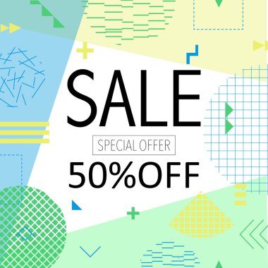 Satılık %50 off kadar renkli parlak poster promo mağazası. Moda Ürün indirim. Vektör çizim. 80s - 90s Memphis tarzı.