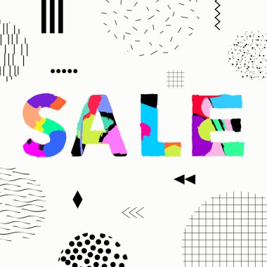 Satılık %50 off kadar renkli parlak poster promo mağazası. Moda Ürün indirim. Vektör çizim. 80s - 90s Memphis tarzı.