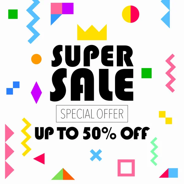 Sale up to 50% off colorful poster promo department store. Скидка на модный товар. Векторная иллюстрация. 80-е - 90-е Мемфис . — стоковый вектор