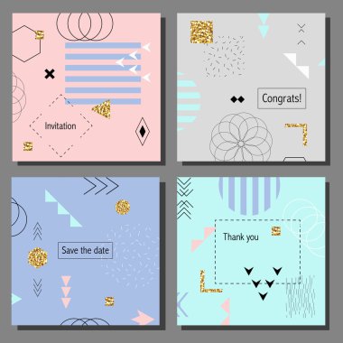 Sanatsal renkli evrensel kart dizisini. Düğün, yıldönümü, doğum günü, tatil, parti. Tasarım poster, kart, davet için. Memphis tarzı