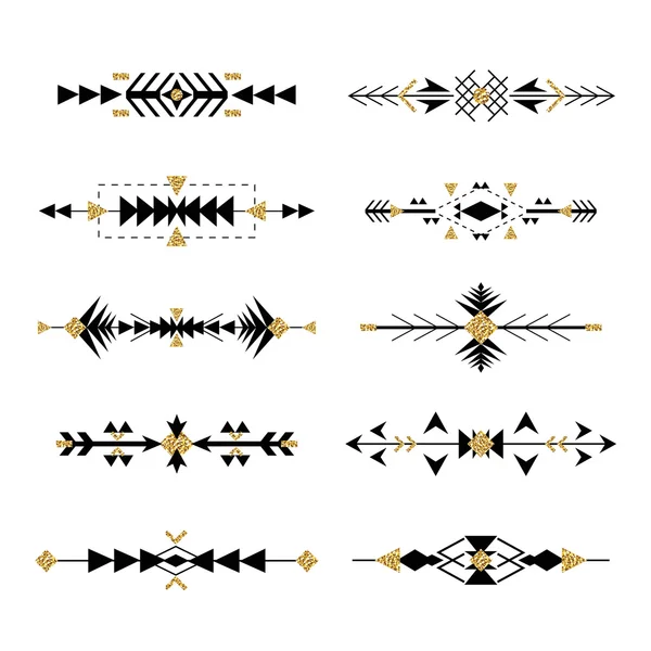 Bordures de style ethnique boho tribal aztèque serties d'éléments de texture dorés paillettes. Illustration vectorielle — Image vectorielle