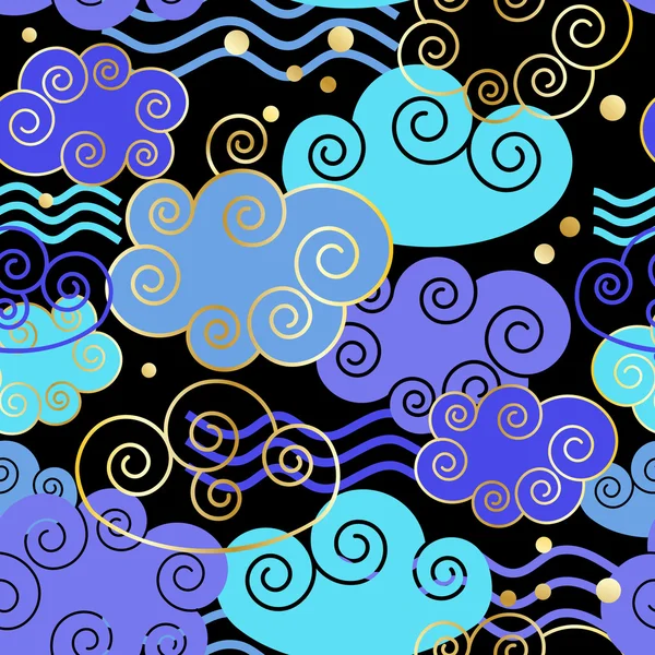 Motif nuageux sans couture coloré avec texture dorée. Illustration vectorielle. Contexte, textile, texture — Image vectorielle
