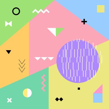 Retro tarzı doku, desen ve geometrik öğelerle birlikte trendy memphis tarzı arka plan. Vektör çizim