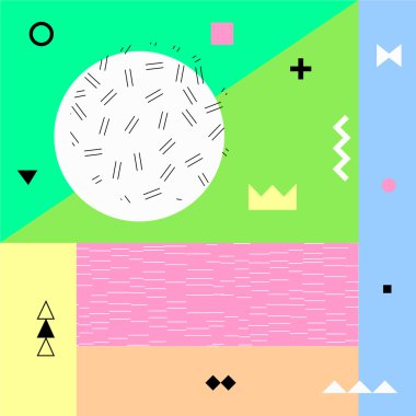 Retro tarzı doku, desen ve geometrik öğelerle birlikte trendy memphis tarzı arka plan. Vektör çizim