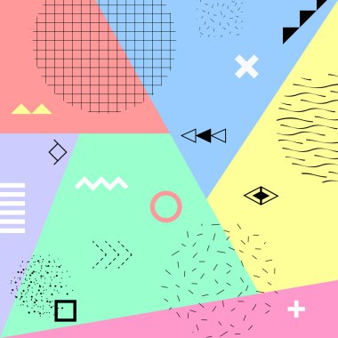 Retro tarzı doku, desen ve geometrik öğelerle birlikte trendy memphis tarzı arka plan. Vektör çizim