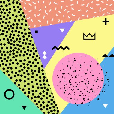 Retro tarzı doku, desen ve geometrik öğelerle birlikte trendy memphis tarzı arka plan. Vektör çizim