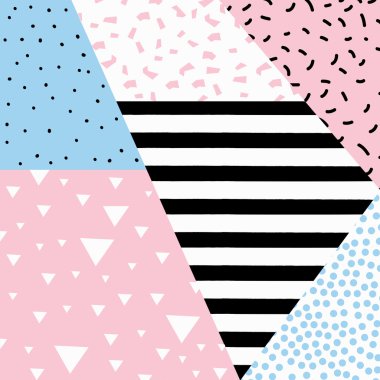 Retro tarzı doku, desen ve geometrik öğelerle birlikte trendy memphis tarzı arka plan. Vektör çizim