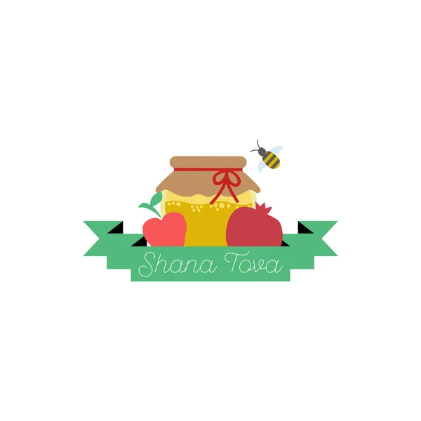 "Shana Tova "(Feliz Ano Novo em hebraico). Cartão de saudação para o Ano Novo Judaico com flores e elementos tradicionais de Holiday Rosh Hashanah —  Vetores de Stock