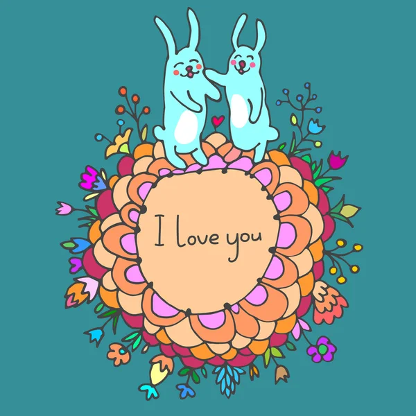 Cute doodle konijnen verliefd op floral achtergrond en lege ruimte in centrum voor tekst. Kaart voor Valentijnsdag, uitnodiging, bruiloft kaart — Stockvector