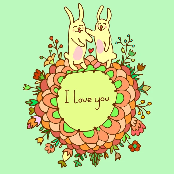 Roztomilý doodle králíků v lásce s květinovým pozadím a prázdné místo v centru pro text. Karta pro valentinky den, pozvánky, svatební přání — Stockový vektor