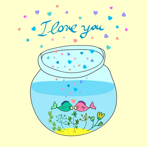 Verliefdheid vector met schattige vis in liefde en bloemen achtergrond voor kaart, bruiloft uitnodiging, valentines day — Stockvector