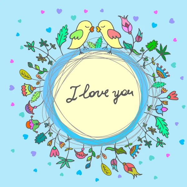 Romantikus szerelem vector aranyos madarak, a szeretet és a virágos háttér kártya, esküvői meghívó, Valentin-nap — Stock Vector