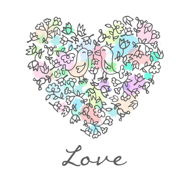 Floral bonito doodle coração com pássaros — Vetor de Stock