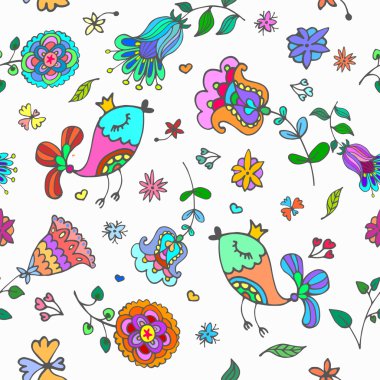Şirin doodle sorunsuz çiçek desenli kuşlar ile