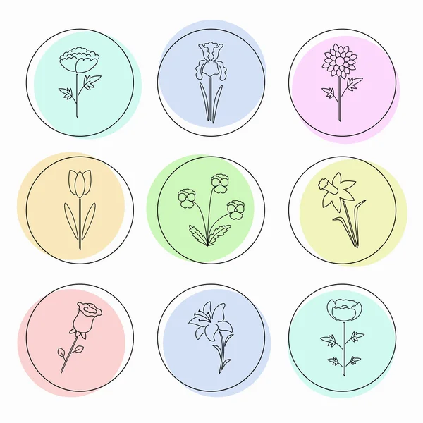 Linia nowoczesny wektorowe ikony z różnego rodzaju Kwiaty ogrodowe. Logo, odznaka, znak, etykiety — Wektor stockowy