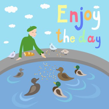 Feed the birds vector illustration with Enjoy the day phrase clipart
