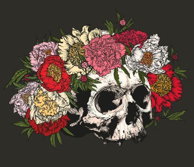  Kafatası peonies çelenk takmış.