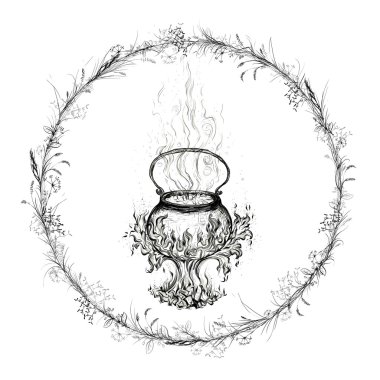 Witching boiler in a frame of wreath. clipart