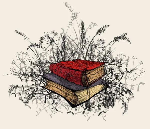 Libros ocultos, rodeados de flores silvestres y plantas . — Vector de stock