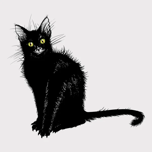 Handzeichnung einer schwarzen Katze mit grünen Augen. — Stockvektor