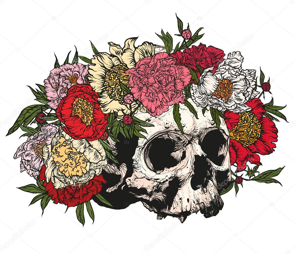 Skull wearing a wreath of peonies.