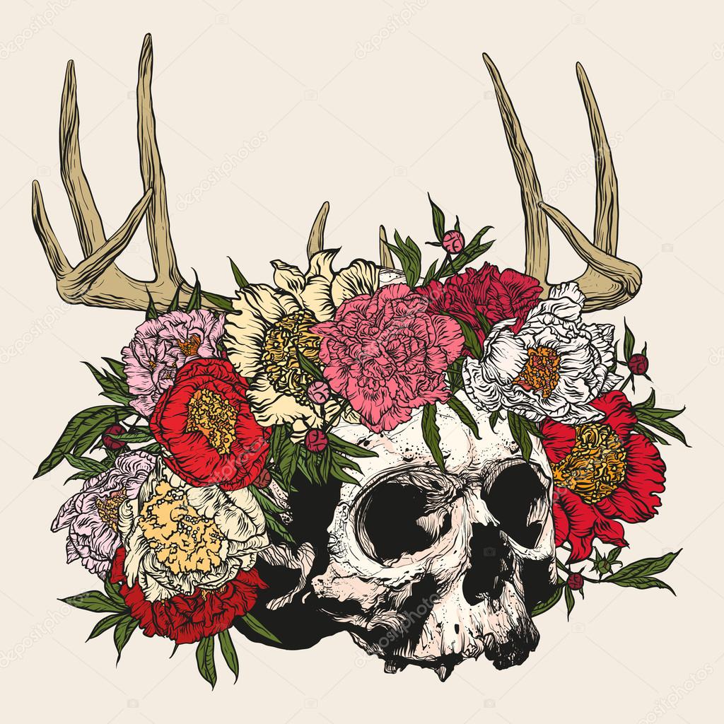 Skull wearing a wreath of peonies with antlers.