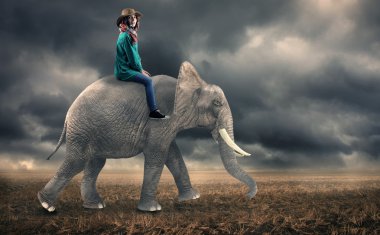 Bir fil üzerinde oturan kadın