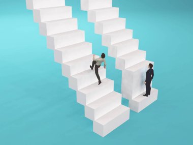 Farklı merdivenlerin önünde iki işadamı. Adil olmayan durum konsepti. Bu 3 boyutlu bir çizim. .