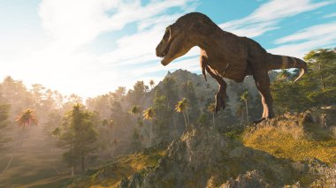 Günbatımında ormanda T-Rex. Bu 3 boyutlu bir çizim. . 