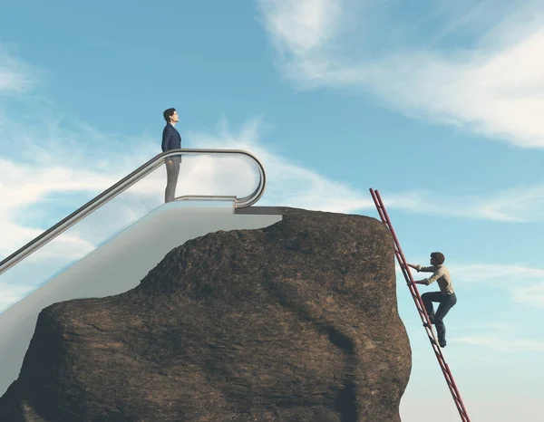 Two man climbing on a rock  . Work smart not hard concept . This is a 3d render illustration .