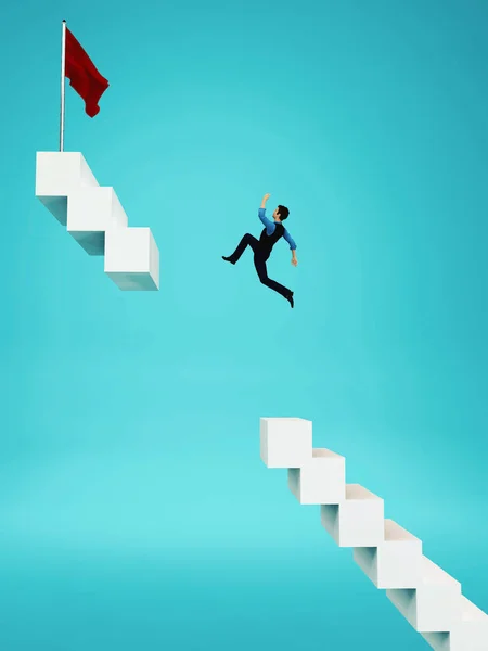 Empresario Saltando Sobre Hueco Una Bandera Roja Escalera Esta Una — Foto de Stock