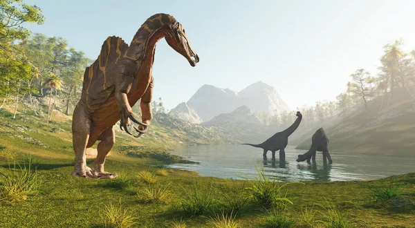 Spinosaurus göl kenarında iki brachiosaurus avlıyor. Bu 3 boyutlu bir çizim. . 