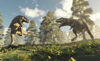 Tyrannosaurus Rex vadide savaşıyor. Bu 3 boyutlu bir çizim. .