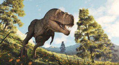 Dağlardaki vadide Tyrannosaurus Rex. Bu 3 boyutlu bir çizim. . 
