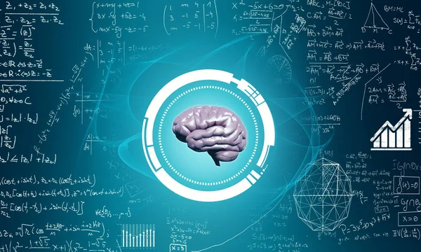 Lidský Mozek Modrém Pozadí Matematickými Vzorci Koncept Umělé Inteligence — Stock fotografie