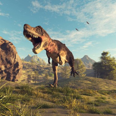 Vadide koşan tyrannosaurus rex ve gökyüzünde uçan iki pterodactyl. Bu 3 boyutlu bir çizim. . 