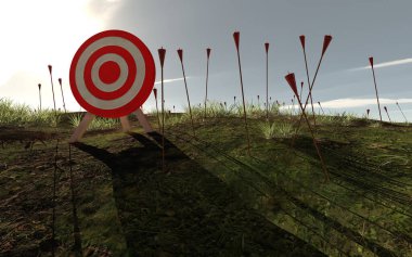 Missed arrows around a red target on field . Audience target consulting concept . This is a 3d render illustration .  clipart