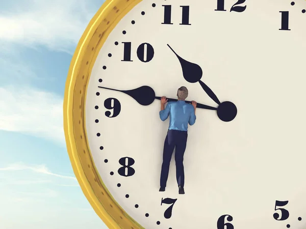 Hombre Colgando Reloj Acaba Tiempo Concepto Estrés Esta Una Ilustración — Foto de Stock